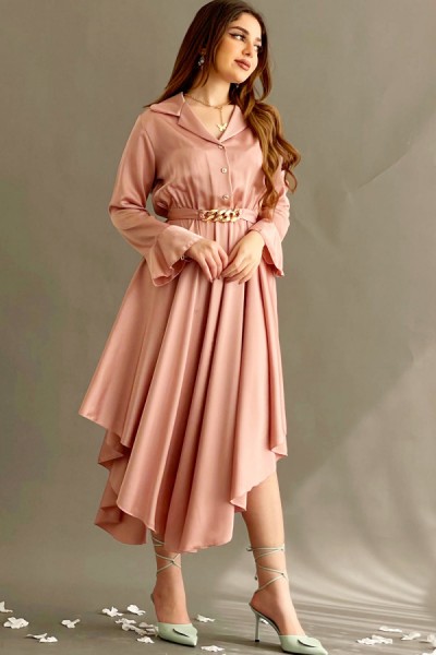 فستان ساتان بحزام ذهبي